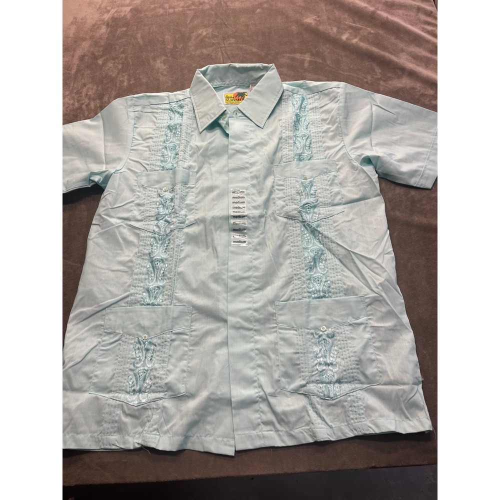 Haband‎ Guayabera Mens Medium Light Blue Short Sleeve Embroidered Mexican Shirt
